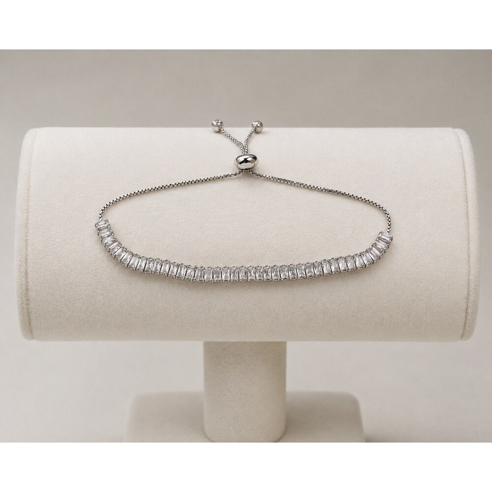 Adjustable CZ Tennis Bracelet Silver Tone Baguette Rhinestone Slider Bracelet